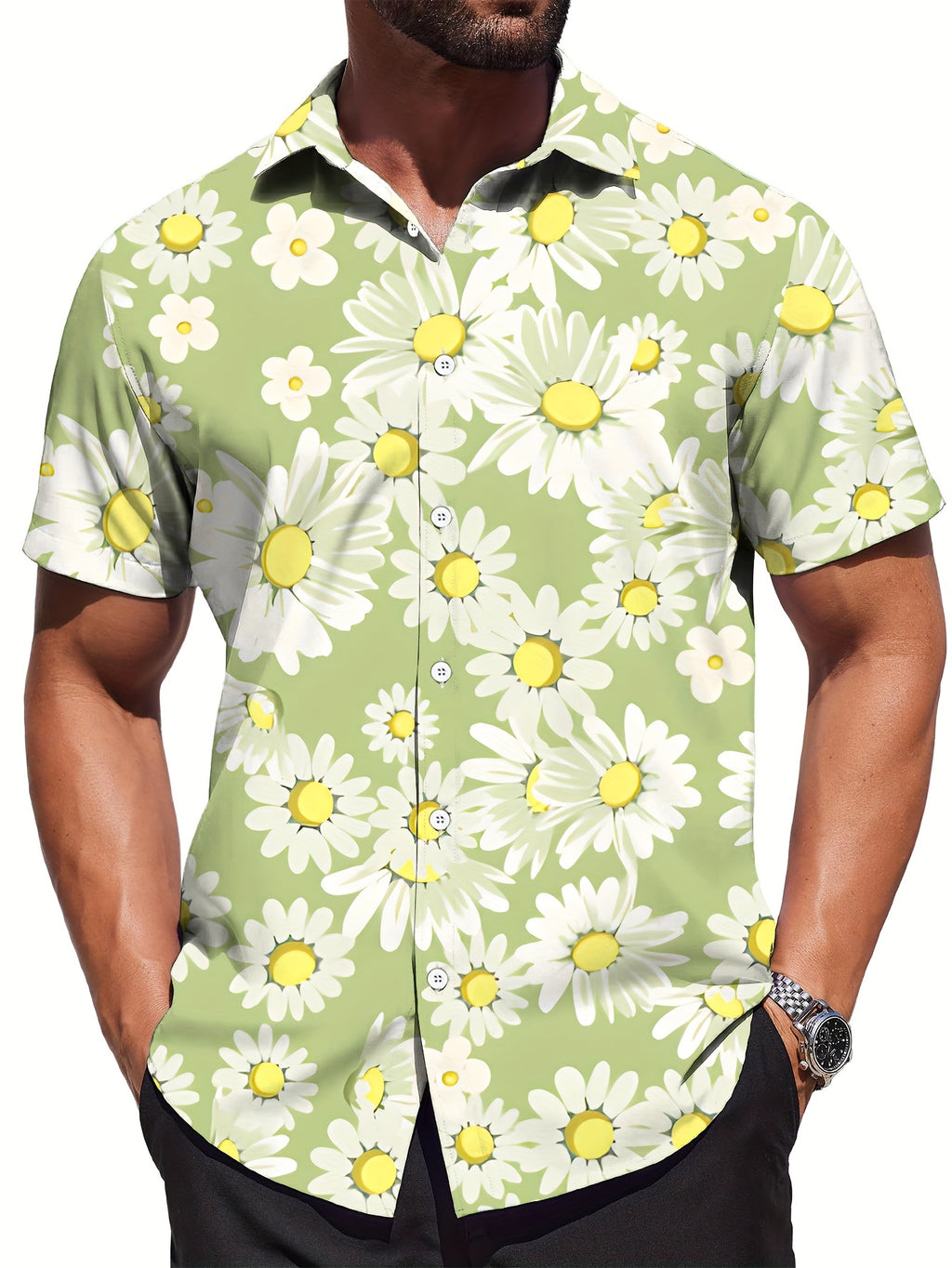 Men'S Casual Floral Short-Sleeve Button- Shirt - Light Green with White Daisy Print