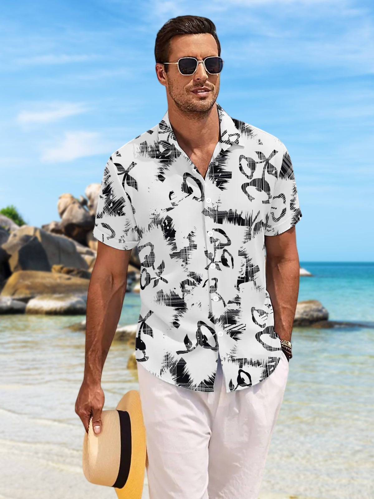 New Men's Casual Short-Sleeve Shirt with Black and White Abstract Floral Interlaced Pattern, Mottled and Messy Lines, Versatile for Holiday Parties and Commuting. Made of Polyester Fiber, Machine Washable, Lightweight for Summer. Suitable for Casual