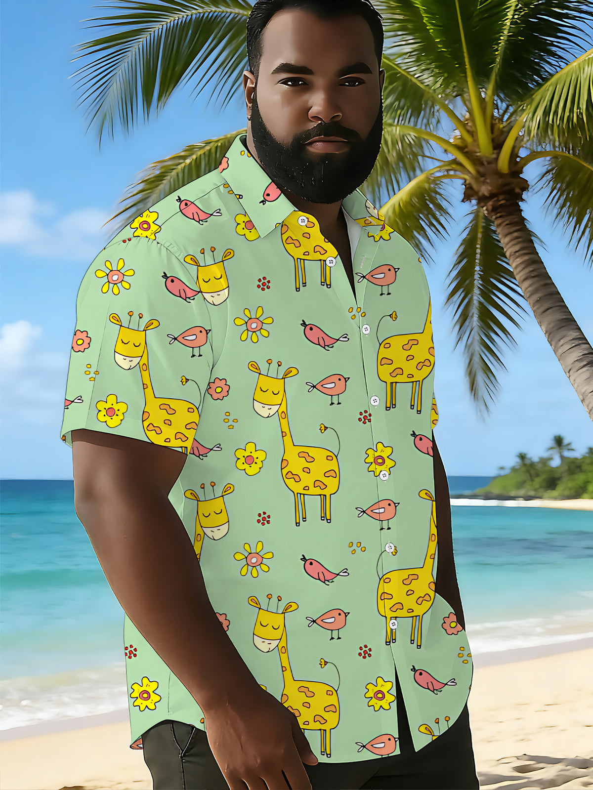 [Print Design - Not Texture] Short Sleeve Shirt Men'S Trendy Digital Print Short Sleeve Shirt Yellow Green Pink Cartoon Animal Pattern Fashionable And Grand Street/Trendy/Print/Clothing/Apparel/Summer/Men