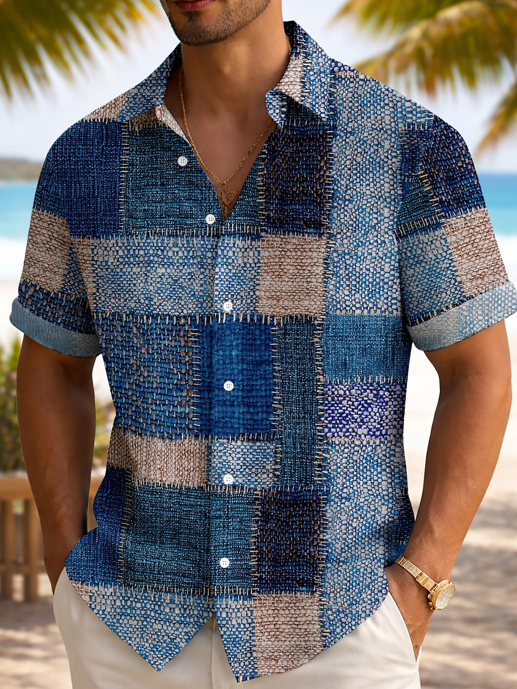 Vintage Geometric Faux Denim Color Block Patch Print Men'S Button Short Sleeve Hawaiian Shirt