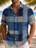 Vintage Geometric Faux Denim Color Block Patch Print Men'S Button Short Sleeve Hawaiian Shirt