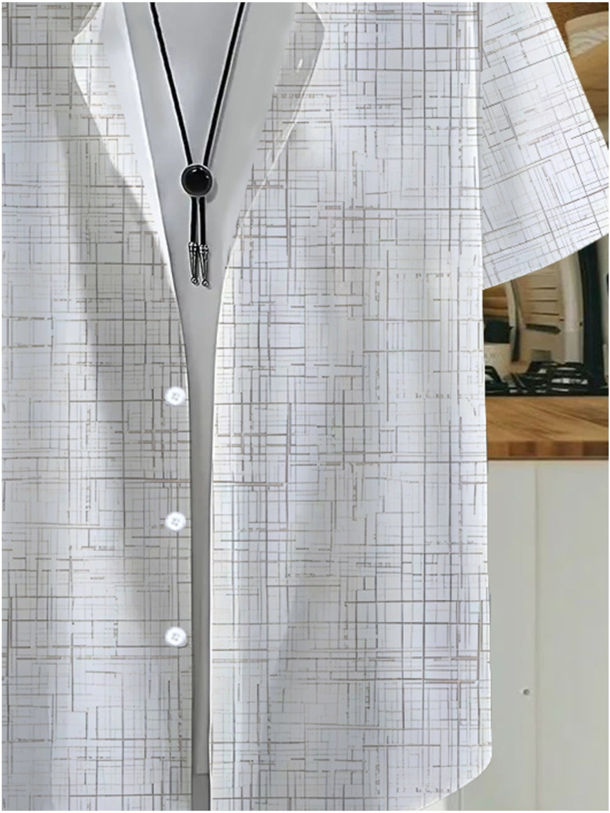 Men's Short-sleeve Shirt with Light Brown Crisscrossed Line Pattern Print. Featuring an Base with an Irregular Plaid Design Composed of Light Brown Intersecting Lines, This Shirt Has a Loose Fit with a Single-breasted Button Placket