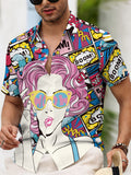 Comic Style Men'S Casual Shirt, Printed Multicolor Pop Art Woman with Pink Hair And Sunglasses, Summer Vibrant Cartoon Speech Bubbles And Dynamic Action Words