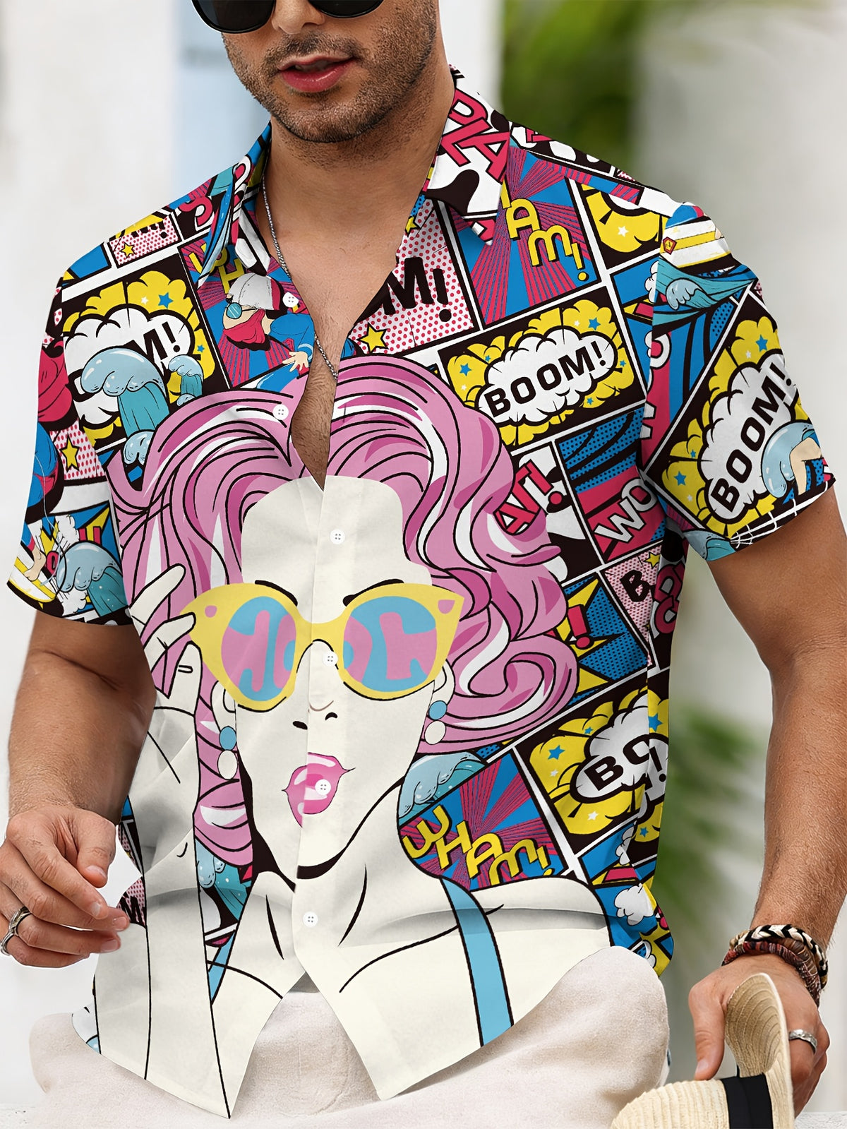 Comic Style Men'S Casual Shirt, Printed Multicolor Pop Art Woman with Pink Hair And Sunglasses, Summer Vibrant Cartoon Speech Bubbles And Dynamic Action Words