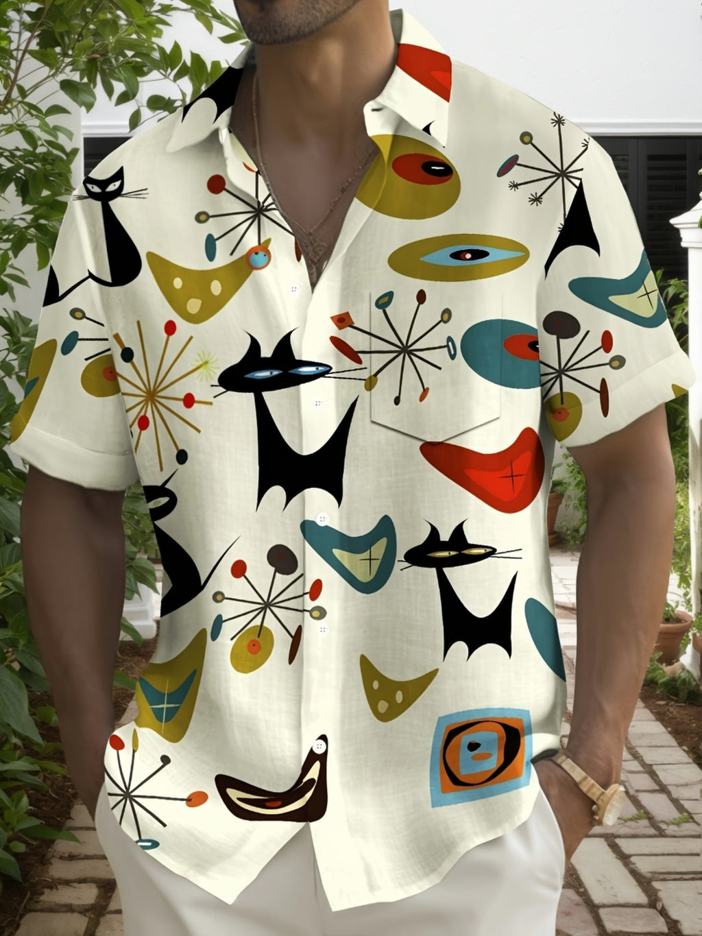 Vintage Medieval Geometric Atomic Cat Print Men's Big & Tall Button- Short Sleeve Shirt, PLUS SIZE