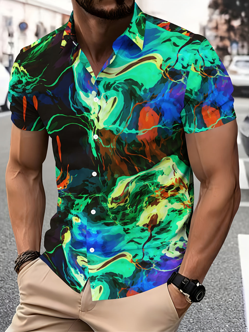 Abstract Art Men'S Casual Shirt, Printed Colorful Swirls Summer Vibrant Design