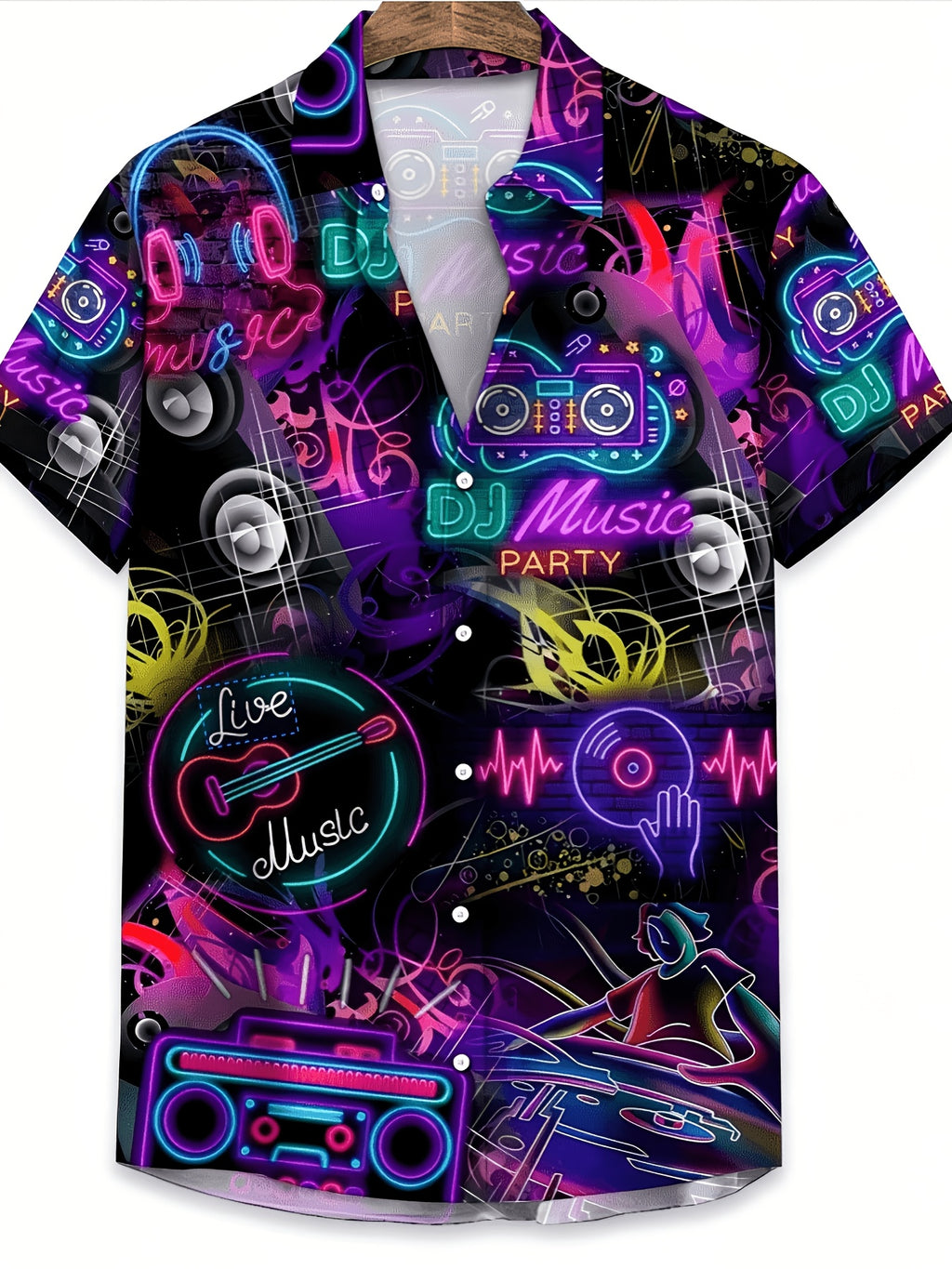 New Tropical Party Neon Pattern T-Shirt - Short Sleeve, J Neon Music Party Enhances Life, Men's Casual Hawaiian Shirt, Daily Wear | Tropical Music Design | Material