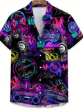 New Tropical Party Neon Pattern T-Shirt - Short Sleeve, J Neon Music Party Enhances Life, Men's Casual Hawaiian Shirt, Daily Wear | Tropical Music Design | Material