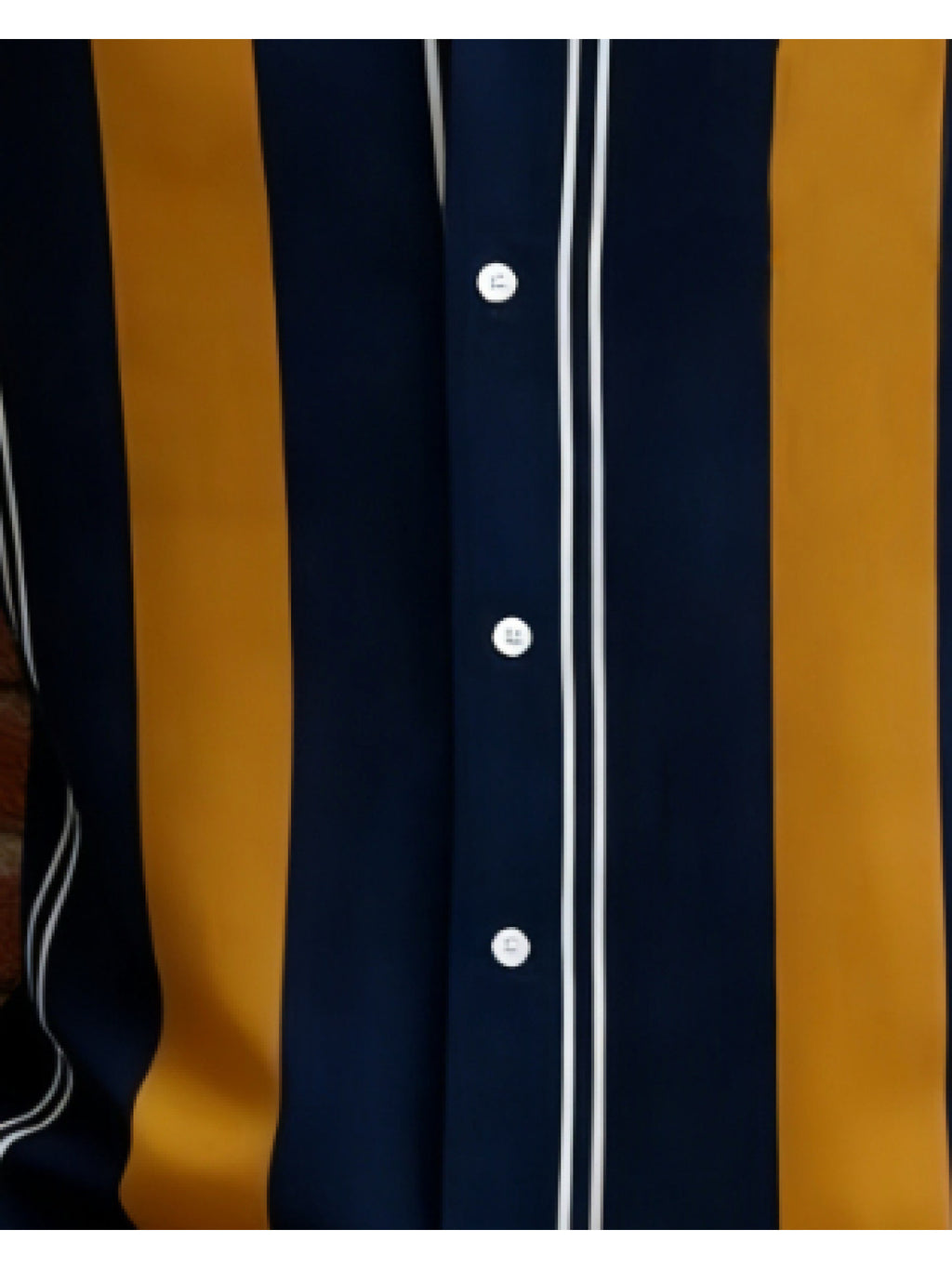 Men's Vintage Geometric Patchwork Shirt, a Navy Blue, Yellow, and White Vertical Stripe Short-sleeve Shirt. Featuring a Navy Blue Base Color with Wide Yellow Stripes and Fine White Lines as the Core Design, This Slim-fit Single-breasted Shirt Offers