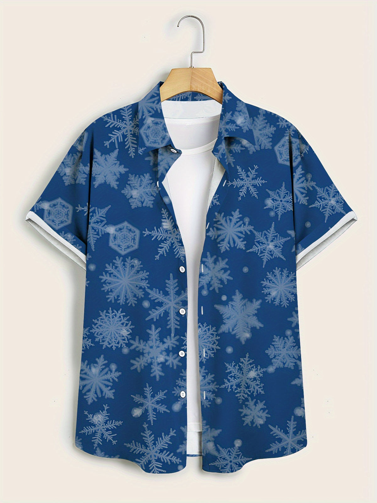 Men'S Casual Short-Sleeve Shirt - Snowflake Print Blue Winter Style, Regular Fit Non-Stretch Fabric, Button-Up for Summer Streetwear And Daily Wear, Fashionable Snowflake Design, All-Season Wear, Trendy Item