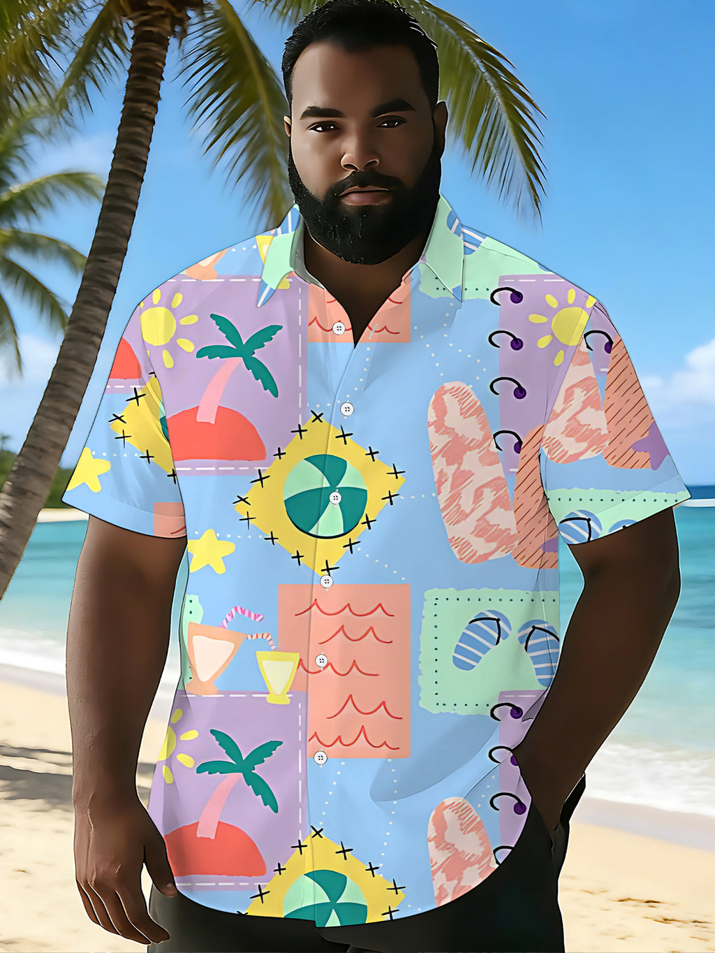 [Printed Design – Not Textured] Men's Short-Sleeve Shirt, Trendy Digital Print Short-Sleeve Shirt with Summer Beach Element Pattern, Stylish and Elegant, Trendy/Summer/Clothes/Apparel/Men's/Printed/Streetwear