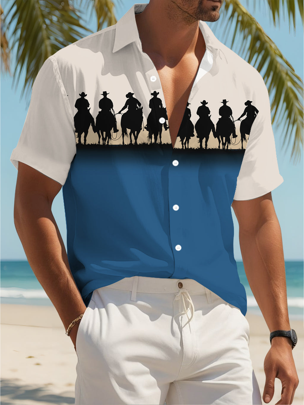 Western Cowboy Silhouette Men's Casual Shirt with Horse Riding Pattern, Summer Outdoor Apparel