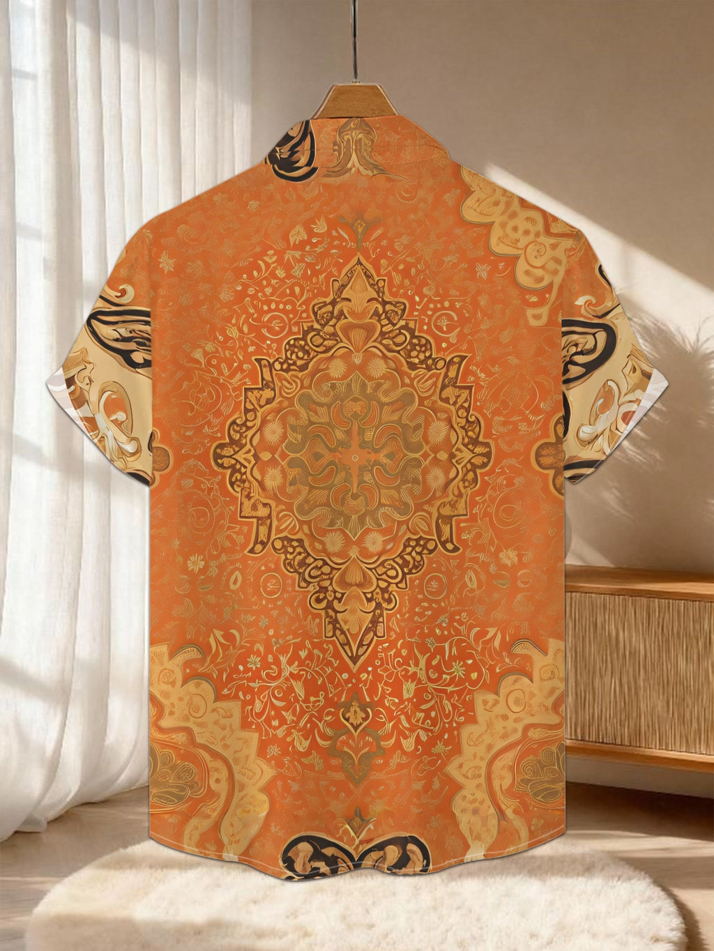 New Men's Casual Short-Sleeve Shirt, Orange Base with Golden-Brown Intertwined Vine Pattern, Symmetrical, Intricate, and Elegant, Versatile for Holiday Parties and Commuting, Polyester Fiber Fabric, Machine Washable, Button-Up Printed Shirt