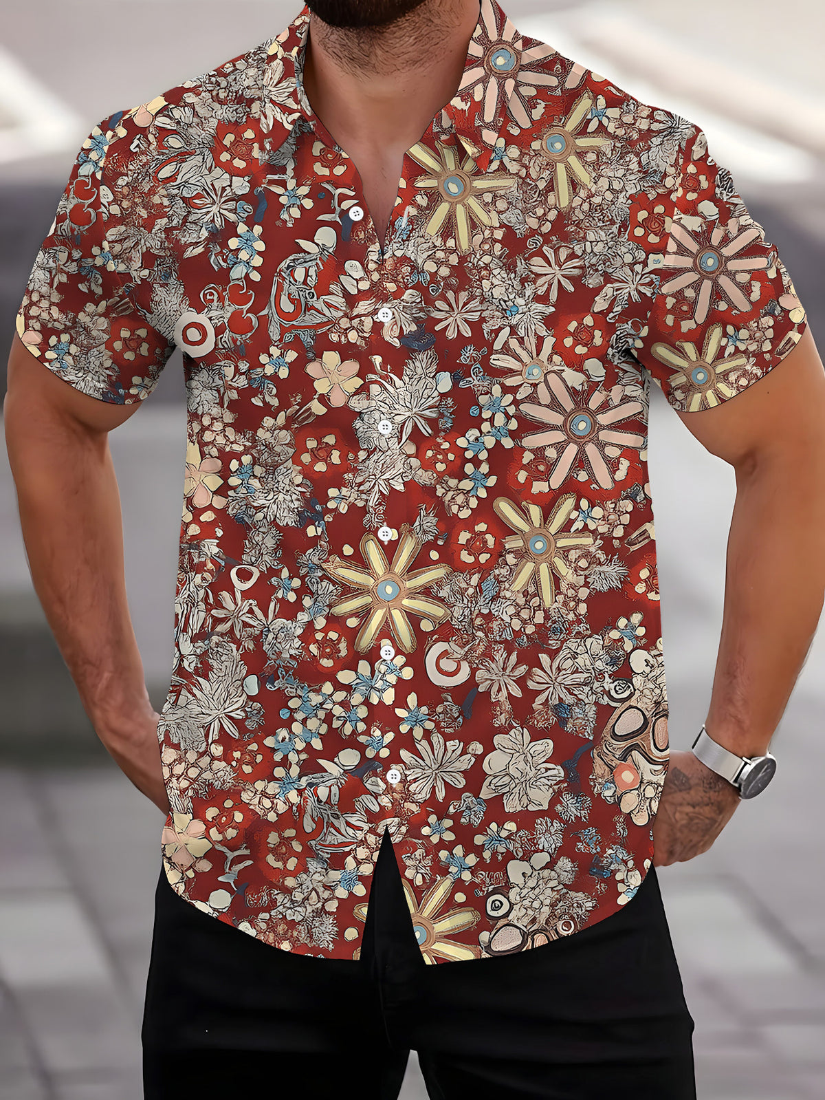 Men's Short-Sleeve Shirt with Colorful Floral Print, Vibrant Flower Pattern, Cool Summer Casual Shirt, Suitable for Daily Outdoor and Party Wear