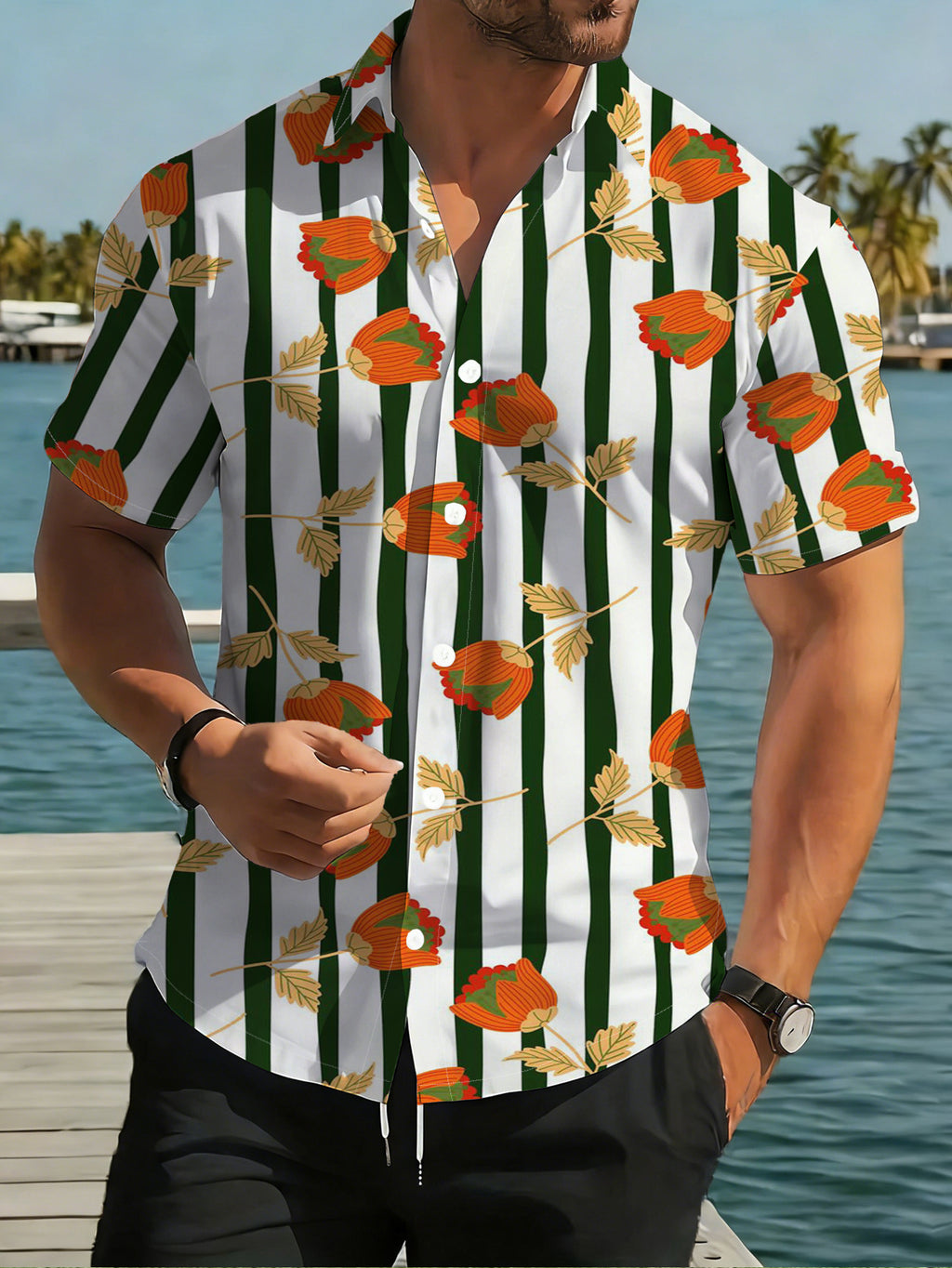 Men'S Casual Short Sleeve Shirt, Green And White Pinstripe with Orange Small Floral Pattern, Fashionable All-Match Beach Vacation