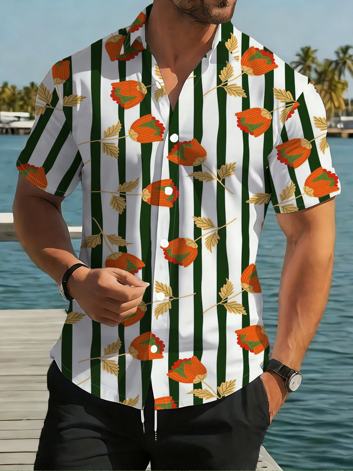 Men'S Casual Short Sleeve Shirt, Green And White Pinstripe with Orange Small Floral Pattern, Fashionable All-Match Beach Vacation