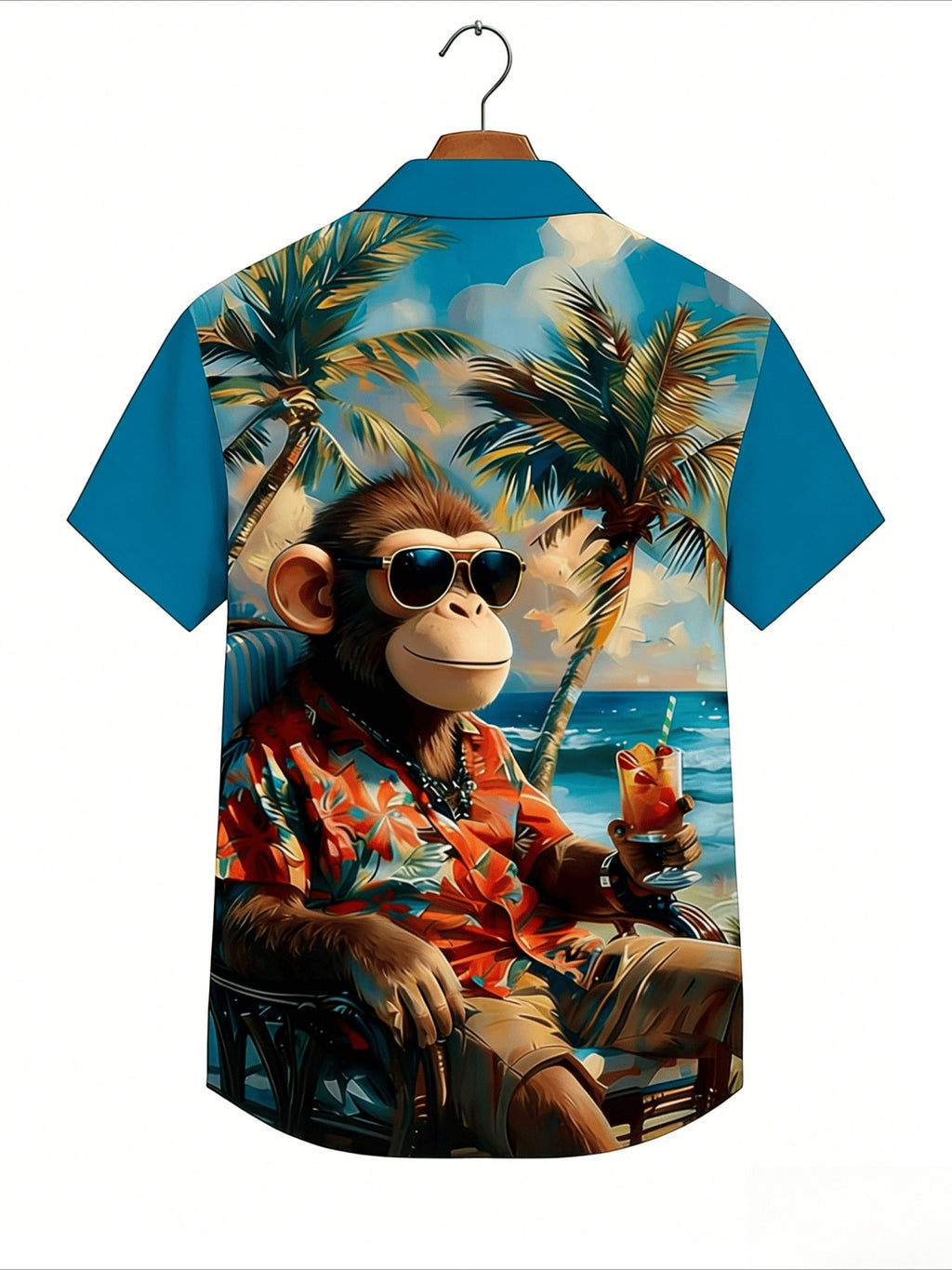 Men's Monkey & Palm Tree Print Button- Shirt - Short Sleeve Collared Button-Up Suitable for Beach Vacations, Casual Wear, Dates, Gift - Machine Washable Summer Shirt with Flip Collar, Non-Stretch Fabric