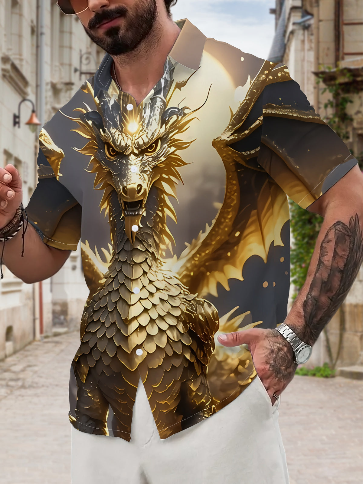 New Men's Casual Short-Sleeve Shirt with Golden Scales and Silvery Horns, Featuring a Majestic Winged Dragon, Standing Radiantly in Shining Glory. Versatile Top for Festive Gatherings and Commuting. Made of Polyester Fiber, Machine Washable.