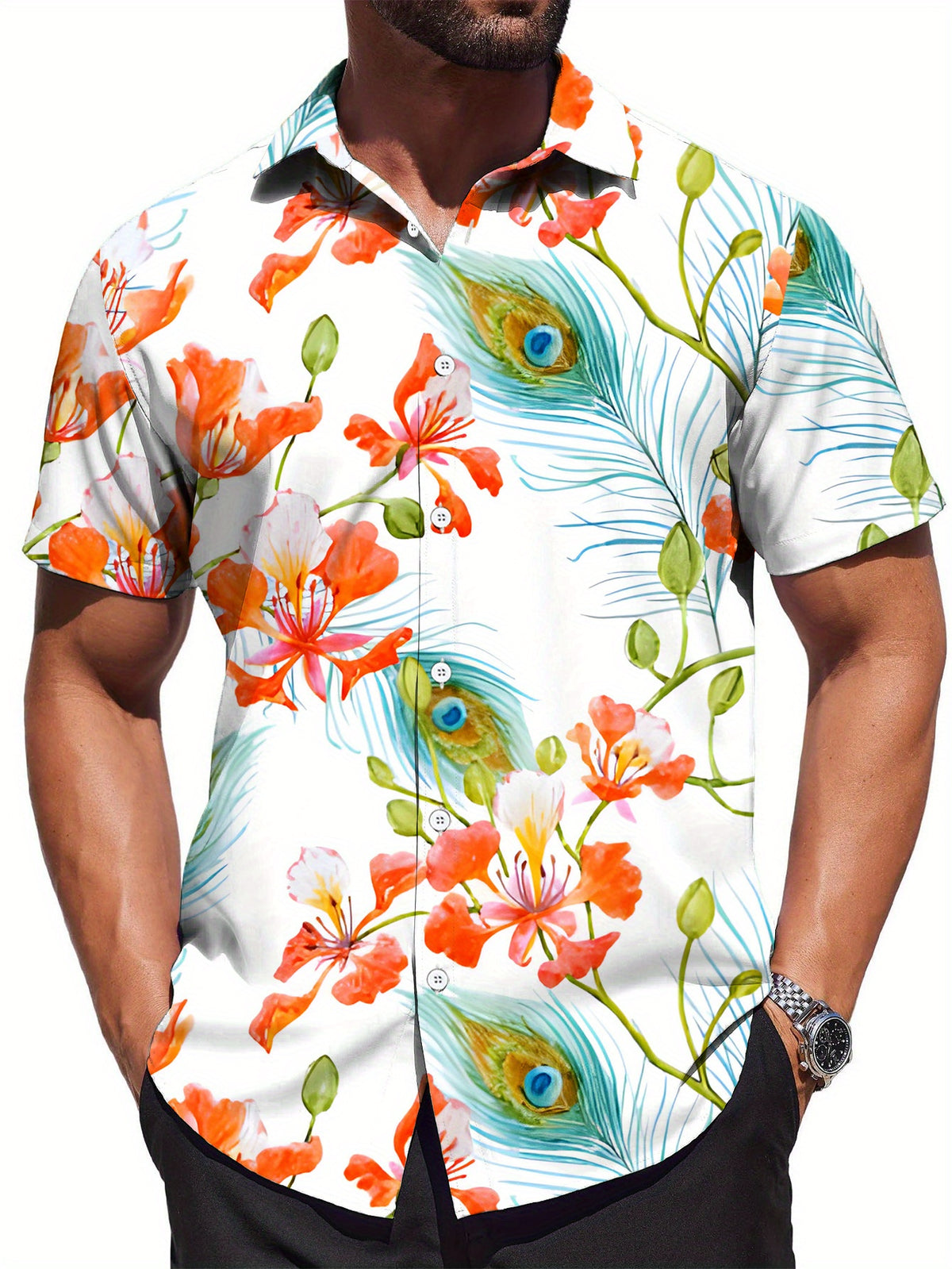 Men's Short-Sleeve Shirt - Vibrant Peacock Floral Print, Lightweight and Breathable Fabric, Classic Pointed Collar, Regular Fit Summer Casual Semi-Formal Shirt, Versatile Styling, Bold Pattern Design, Fashionable Trendy Style