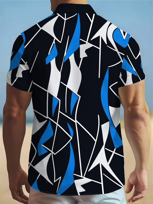 3D Digital Print Geometric Pattern, Turn- Collar Short Sleeve Shirt, Fashionable, Color Block, Casual, Vacation, Simple, Summer, Refreshing Men's Casual Shirt