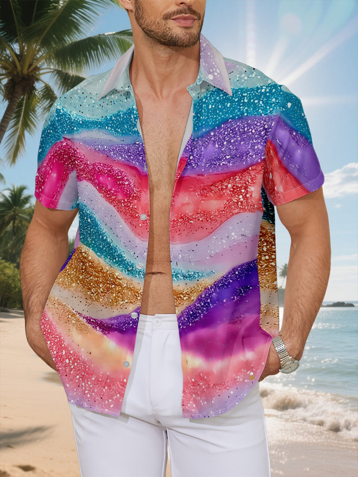 New Men'S Casual Short-Sleeve Shirt with a Shimmering Wave Design, Adorned with Sequins for a Dreamy Pastel Look. Perfect for Festive Gatherings And Versatile for Commuting, Made from Machine-Washable Polyester Fabric, Featuring a Button Print