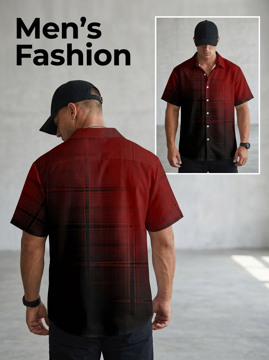 Vintage Red Gradient Texture Men's Button-up Pocket Shirt, PLUS SIZE