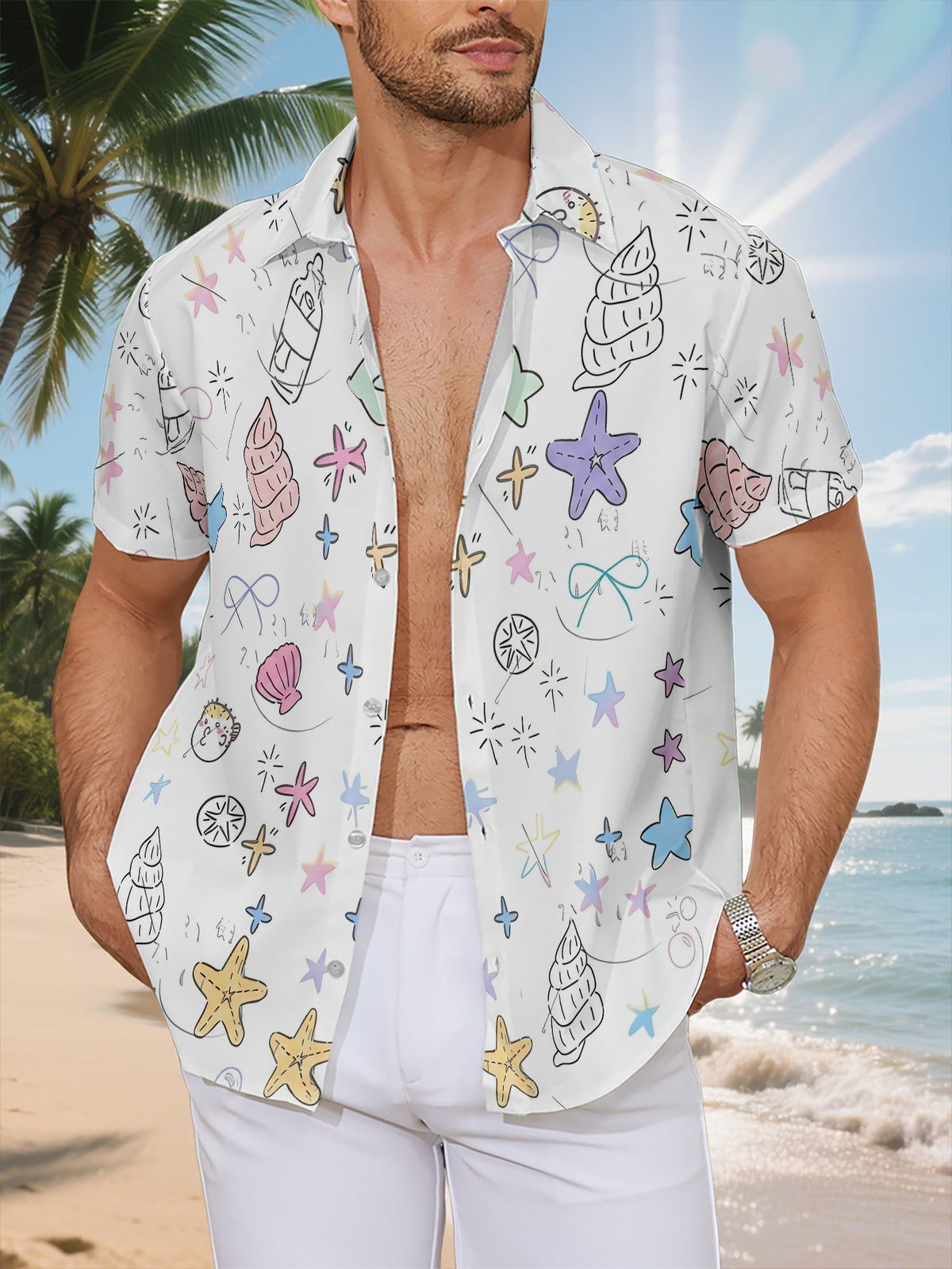 New Men'S Casual Short Sleeve Shirt, Lightly Colored Marine Micro-Element All-Over Print, Playful Fresh Style, Festive Gathering Commute Versatile, Polyester Fabric Machine Washable, Lightweight Summer Wear, Suitable for Casual Outfits