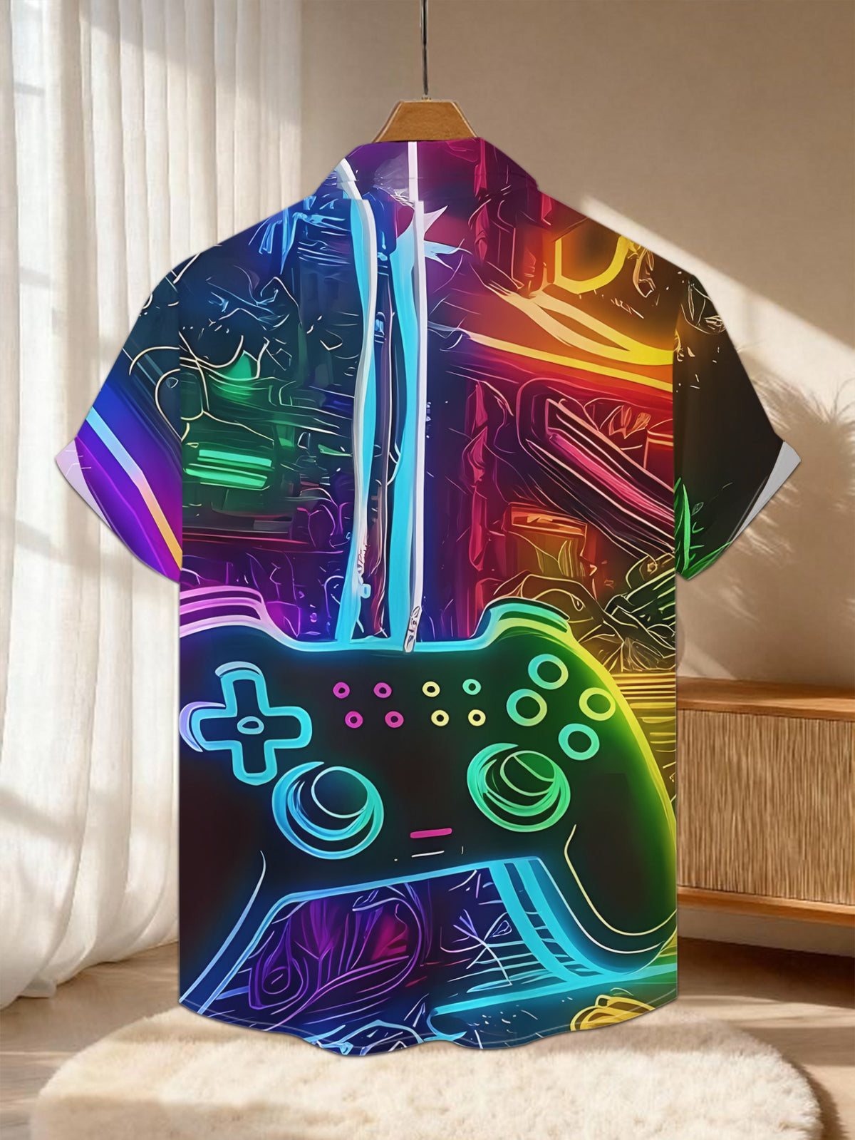 New Men'S Casual Short-Sleeve Shirt Featuring a Neon Game Controller Design, Perfect for Cyber-Themed Parties And Everyday Wear. Made from Machine-Washable Polyester Fabric, This Button-Up Shirt Is Versatile And Stylish