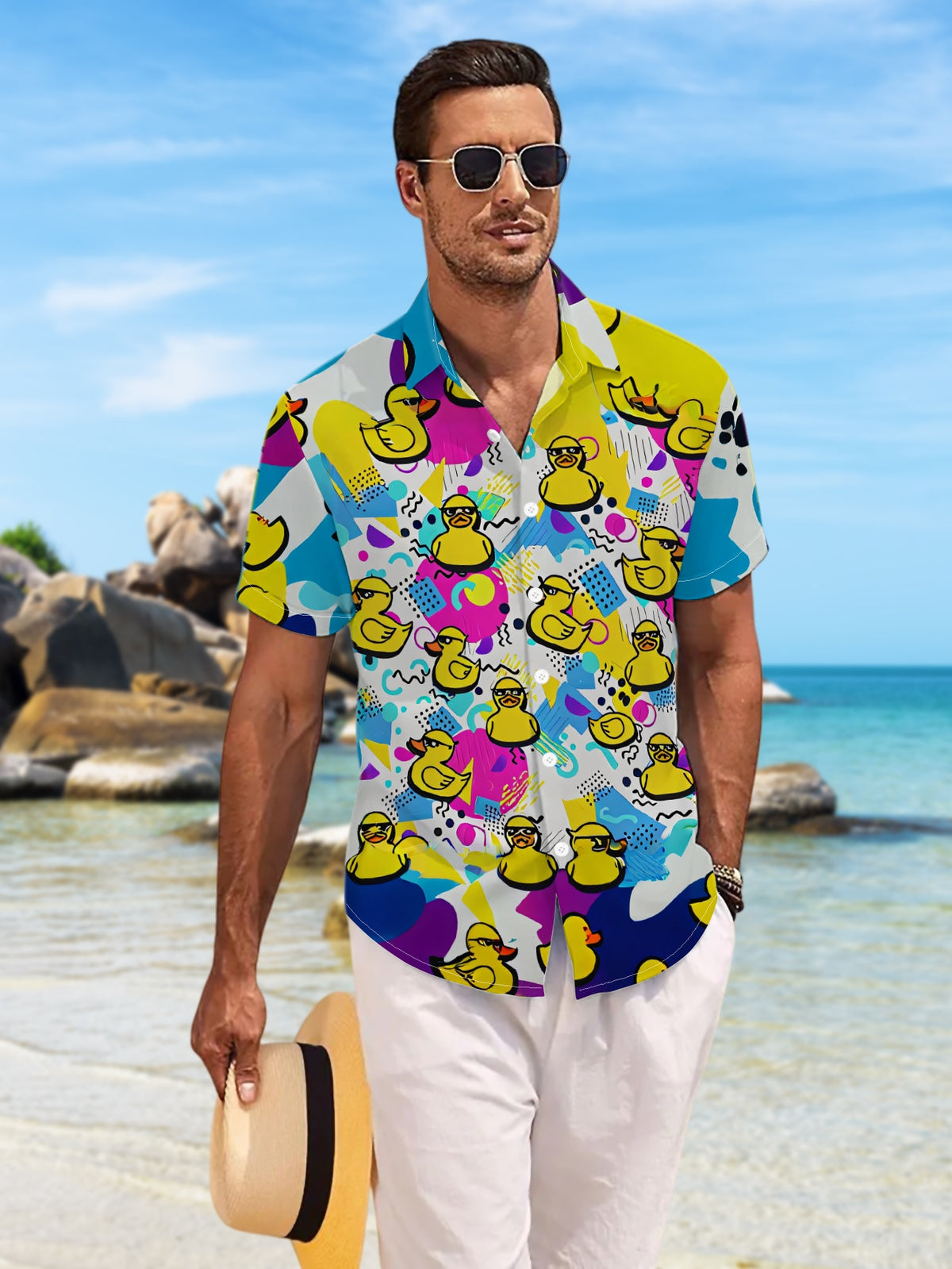 New Men'S Casual Short Sleeve Shirt, Full Screen Yellow Duck, Contrast Background, Childlike Fun, Festive Gathering Commute All-Match, Fabric Machine Washable, Button Print Shirt