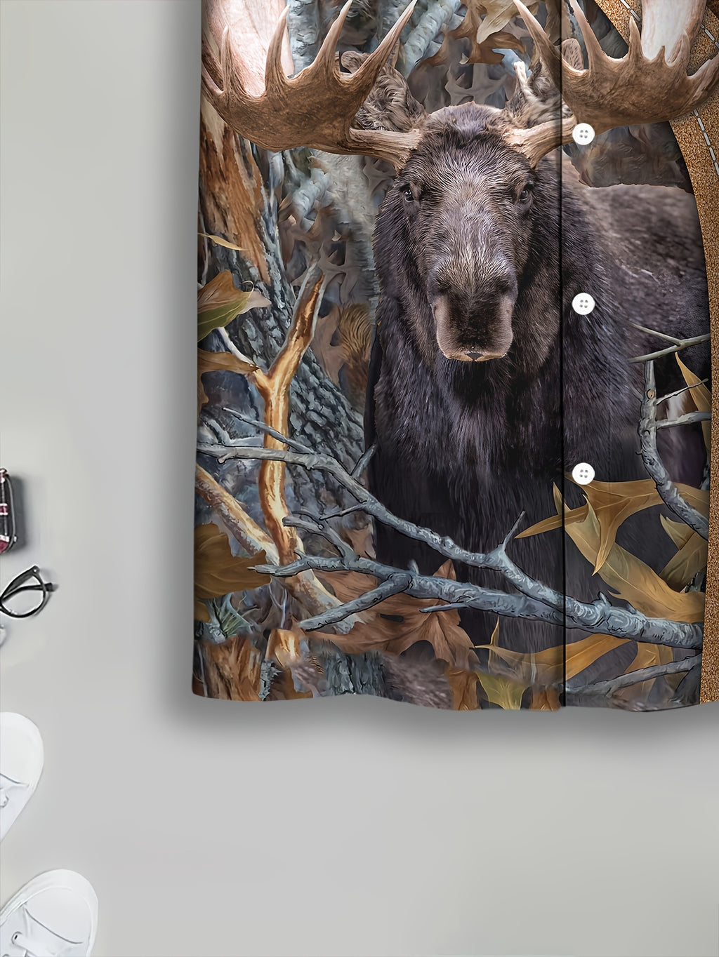 Outdoor Hunting Style Men'S Casual Shirt, Printed Brown Moose And Forest Scene, Summer Large Antlered Moose in Woodland Setting