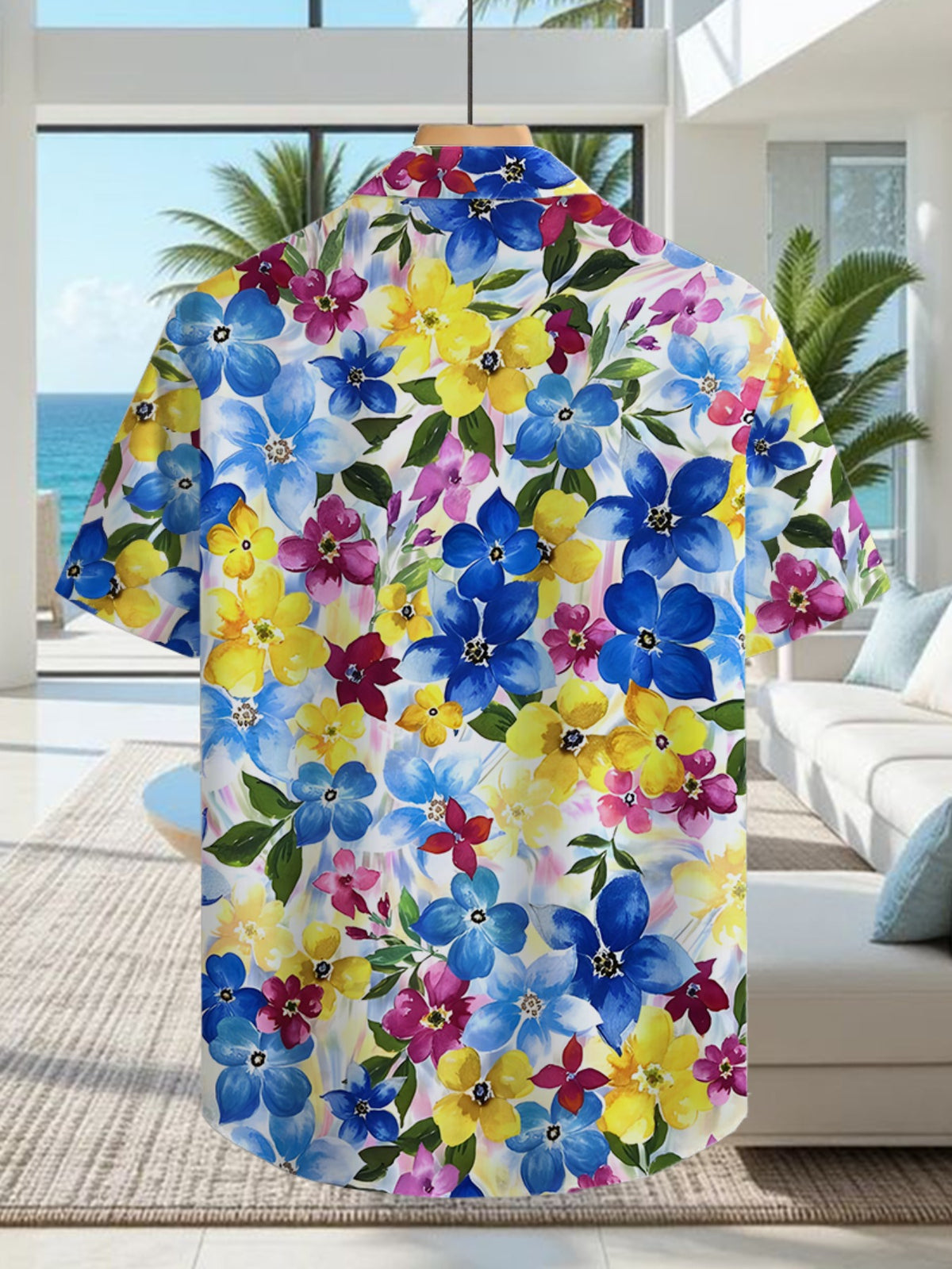 Hawaiian Tropical Style Men's Casual Shirt with Vibrant Floral Print - Short Sleeve Button-Up Design, Bright Colors, for Summer Outdoor and Casual Wear, Machine Washable
