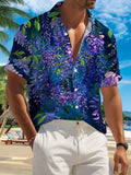 New Men'S Casual Short-Sleeve Shirt with Purple-Blue Wisteria Hanging Design, Deep Background Enhances Its Elegance. Perfect for Holiday Gatherings And Commuting, Versatile for Various Occasions. Made from Machine-Washable Polyester Fabric