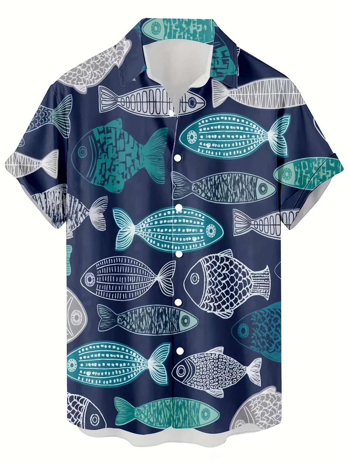 This Minimalist Men'S Shirt Features a Vintage Fossil Fish Pattern with 3D Printing Technology. The Short Shirt Includes a Button Design, Making It Suitable for Summer Wear, And Showcases The Characteristics of a Hip-Hop Rock Style Hawaiian Shirt