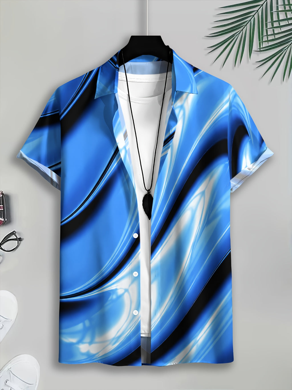 Men'S Casual Shirt, Printed Blue Abstract Wave Pattern Summer Vibrant Design
