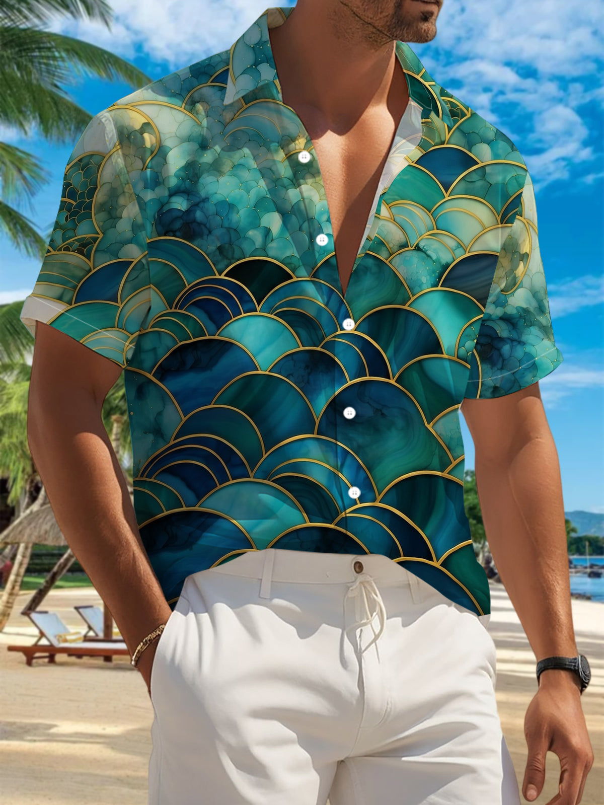 New Men'S Casual Short Sleeve Shirt, Turquoise Golden Scale Pattern Layered Gradient Dye, Festive Gathering Commute All-Match, Polyester Fabric Machine Washable, Lightweight Summer, Suitable for Casual Wear Outdoor Activities And Daily Dressing