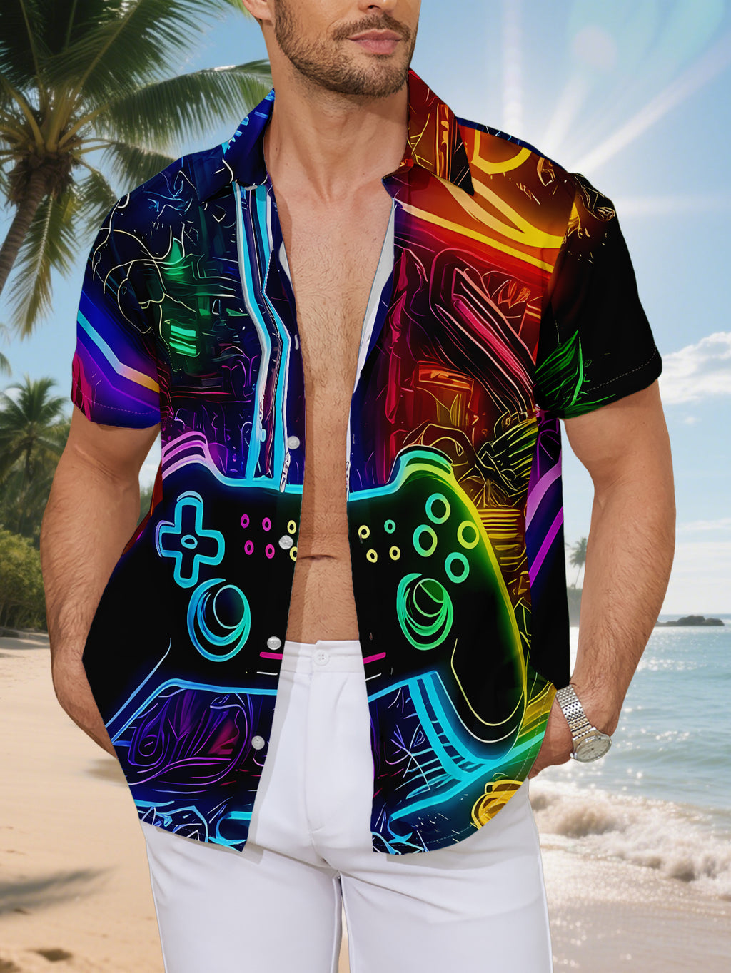 New Men'S Casual Short-Sleeve Shirt Featuring a Neon Game Controller Design, Perfect for Cyber-Themed Parties And Everyday Wear. Made from Machine-Washable Polyester Fabric, This Button-Up Shirt Is Versatile And Stylish
