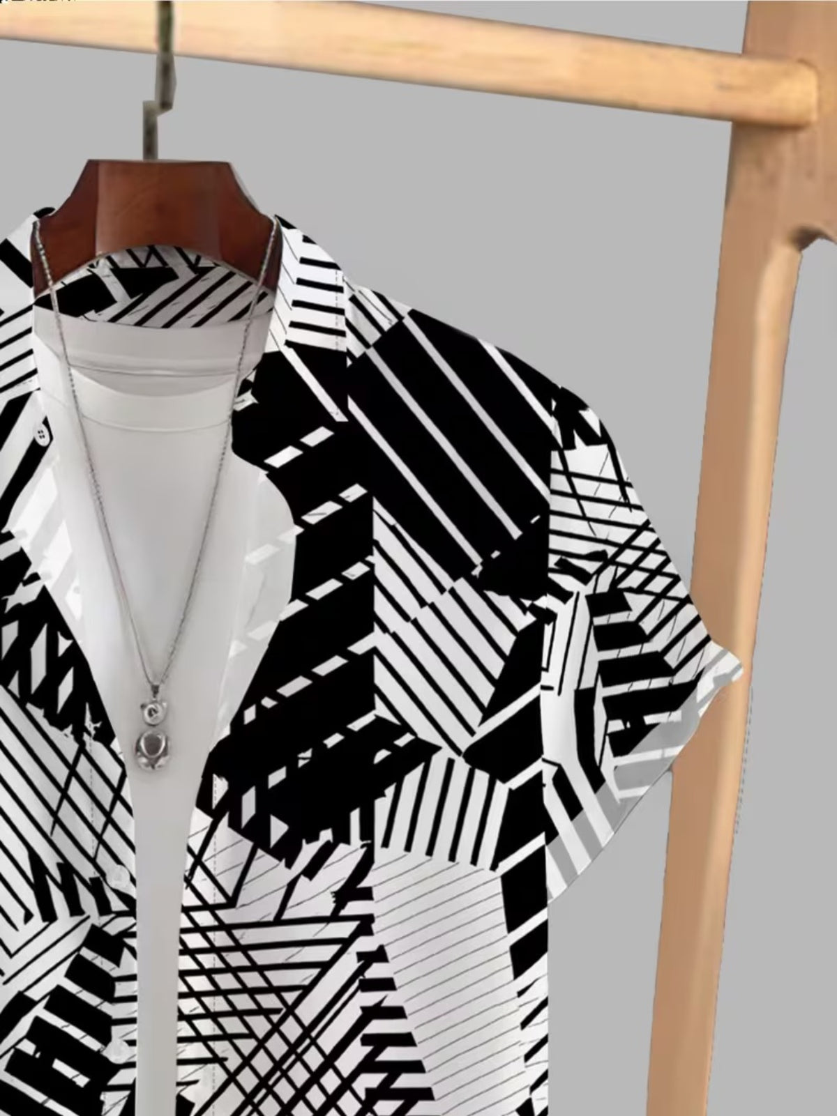 Hawaiian Black and White Line Print Men's Casual Shirt - Short Sleeve Button-Up Design, Vibrant Colors, Summer Outdoor and Casual Wear, Machine Washable