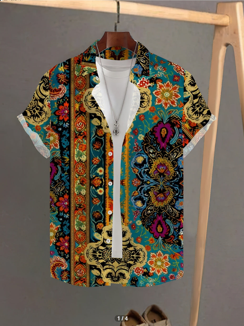 Men's Summer Digital Print Short Sleeve Shirt, Fashionable Casual Vacation Style Loose Fit Collared Floral Shirt