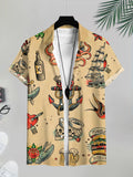 Pirate Tattoo Style Men's Casual Shirt, Nautical Theme Summer Skull Anchor Ship Dagger Print