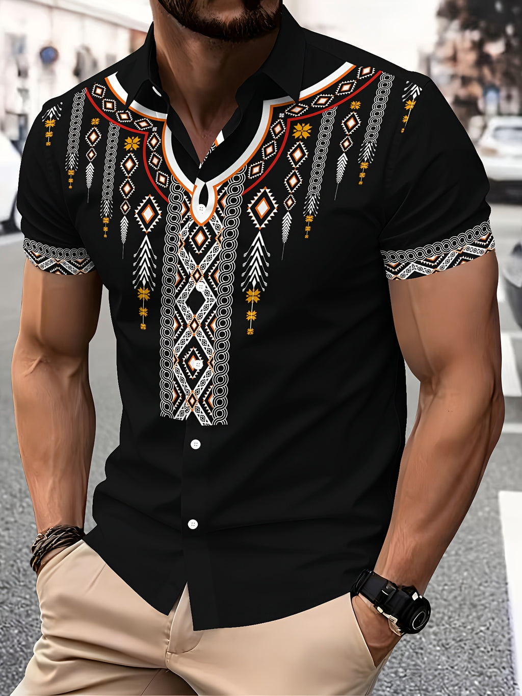 Ethnic Print Men's Casual Shirt Black Geometric Pattern Summer Traditional Pattern Embellishment Fashion Casual Short-Sleeve Shirt
