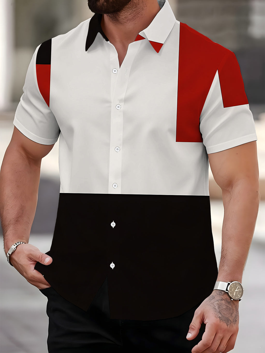 Men'S Short Sleeve Shirt, Geometric Style Print Men'S Print Short Sleeve Square Element Cool Men'S Shirt Red Black White 3-Color Men'S Casual Short Sleeve Shirt Summer