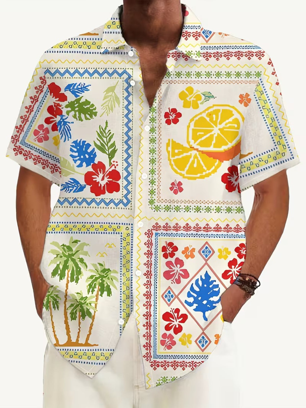 Fashionable Hainan Scenery Print Men'S Casual Shirt with Short Sleeves And Button-Up Design for Summer Vacation And Leisure