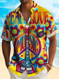 Men'S Plus Size Button Pocket Short Sleeve Aloha Shirt with Vintage Hippie Culture Music Print