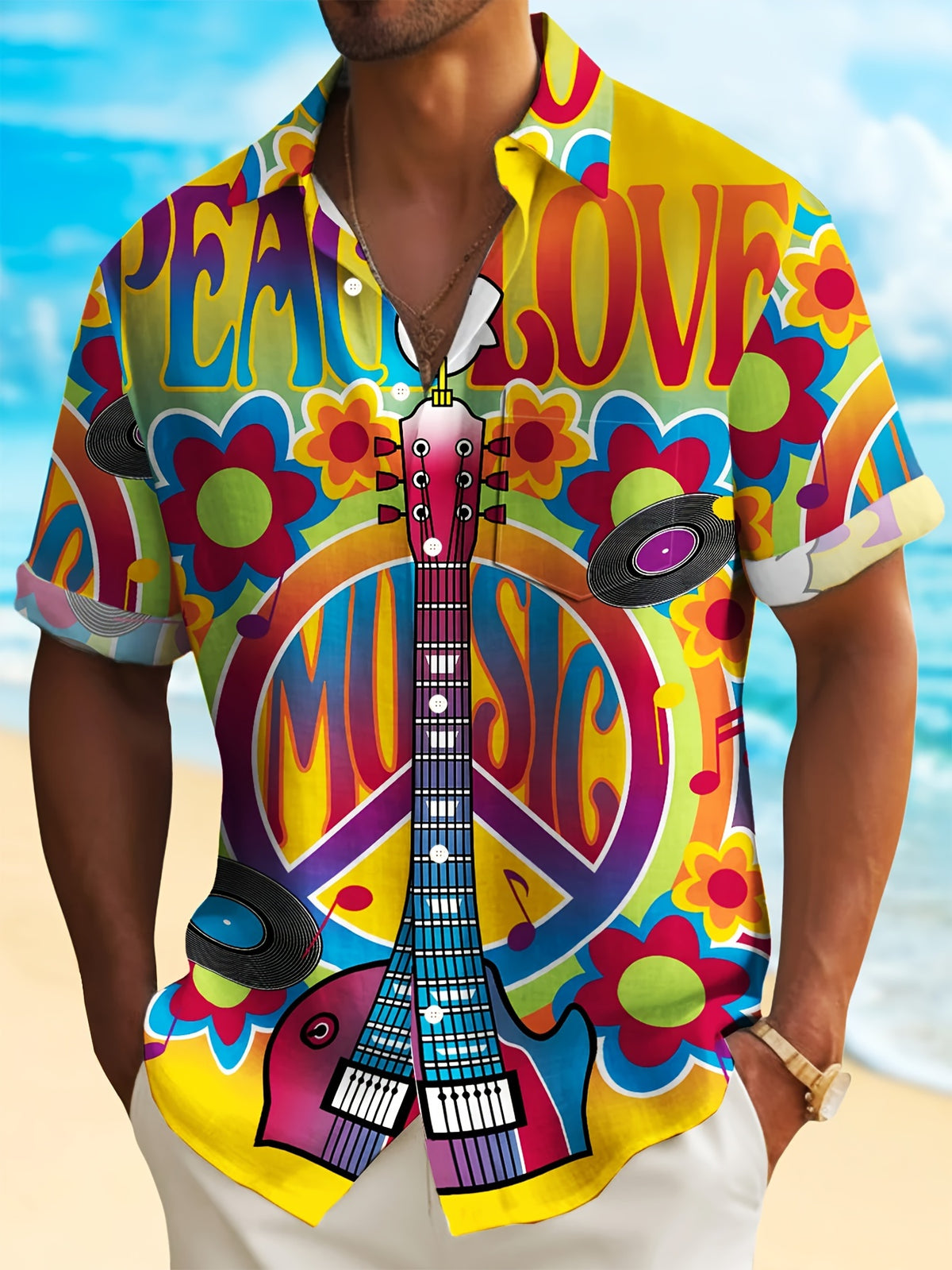 Men'S Plus Size Button Pocket Short Sleeve Aloha Shirt with Vintage Hippie Culture Music Print