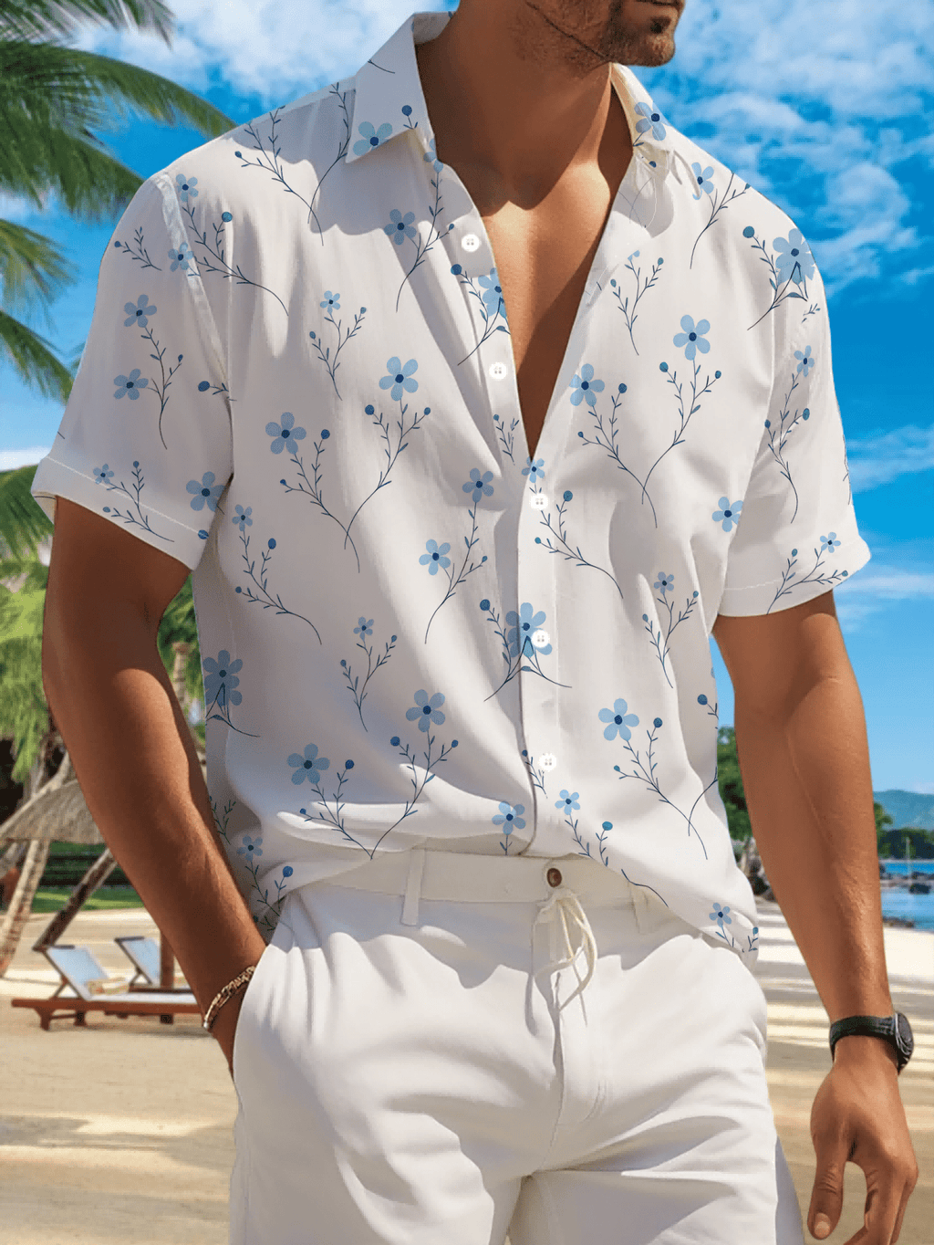 New Men'S Casual Short Sleeve Shirt, Light Blue Small Floral Vine Pattern on White Background, Festive Gathering Commute All-Match, Polyester Fabric Machine Washable, Lightweight Summer, Suitable for Casual Wear Outdoor Activities And Daily Dressing