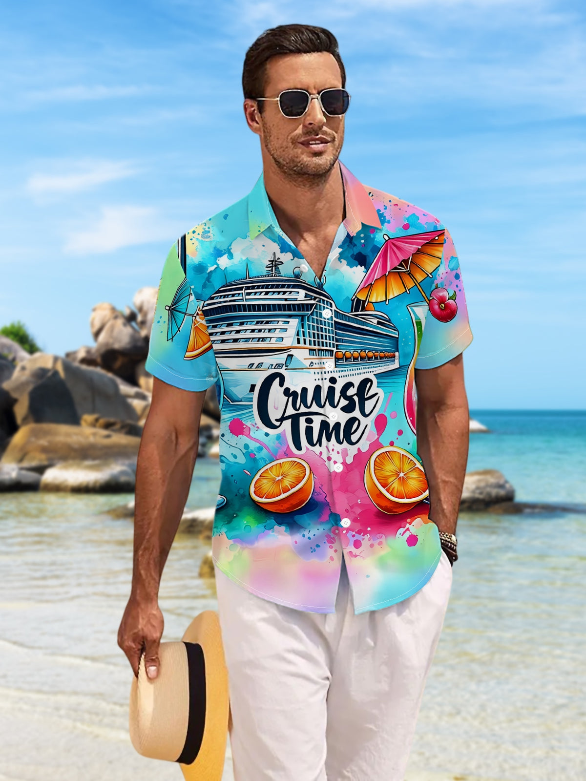 New Men'S Casual Short-Sleeve Shirt, Perfect for Cruise Moments, Vibrant Drinks Accompany Your Journey, Suitable for Holiday Gatherings And Commuting, Versatile Casual Top, Made of Machine-Washable Polyester Fabric, Button-Print Shirt