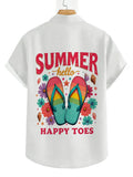 Men's Vibrant Summer Beach Print Hawaiian Shirt, White Base with Colorful Flip-flop, Floral, and Shell Prints, Casual Short-sleeve Collared Shirt for Seaside Outings, a Surprising Summer Gift for Teenage Men