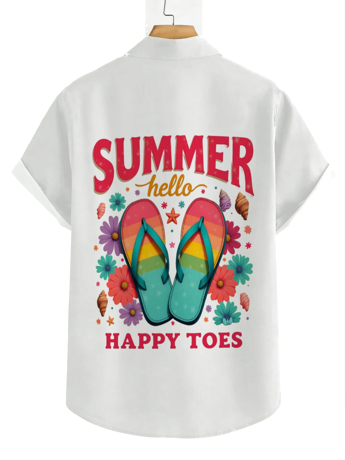 Men's Vibrant Summer Beach Print Hawaiian Shirt, White Base with Colorful Flip-flop, Floral, and Shell Prints, Casual Short-sleeve Collared Shirt for Seaside Outings, a Surprising Summer Gift for Teenage Men