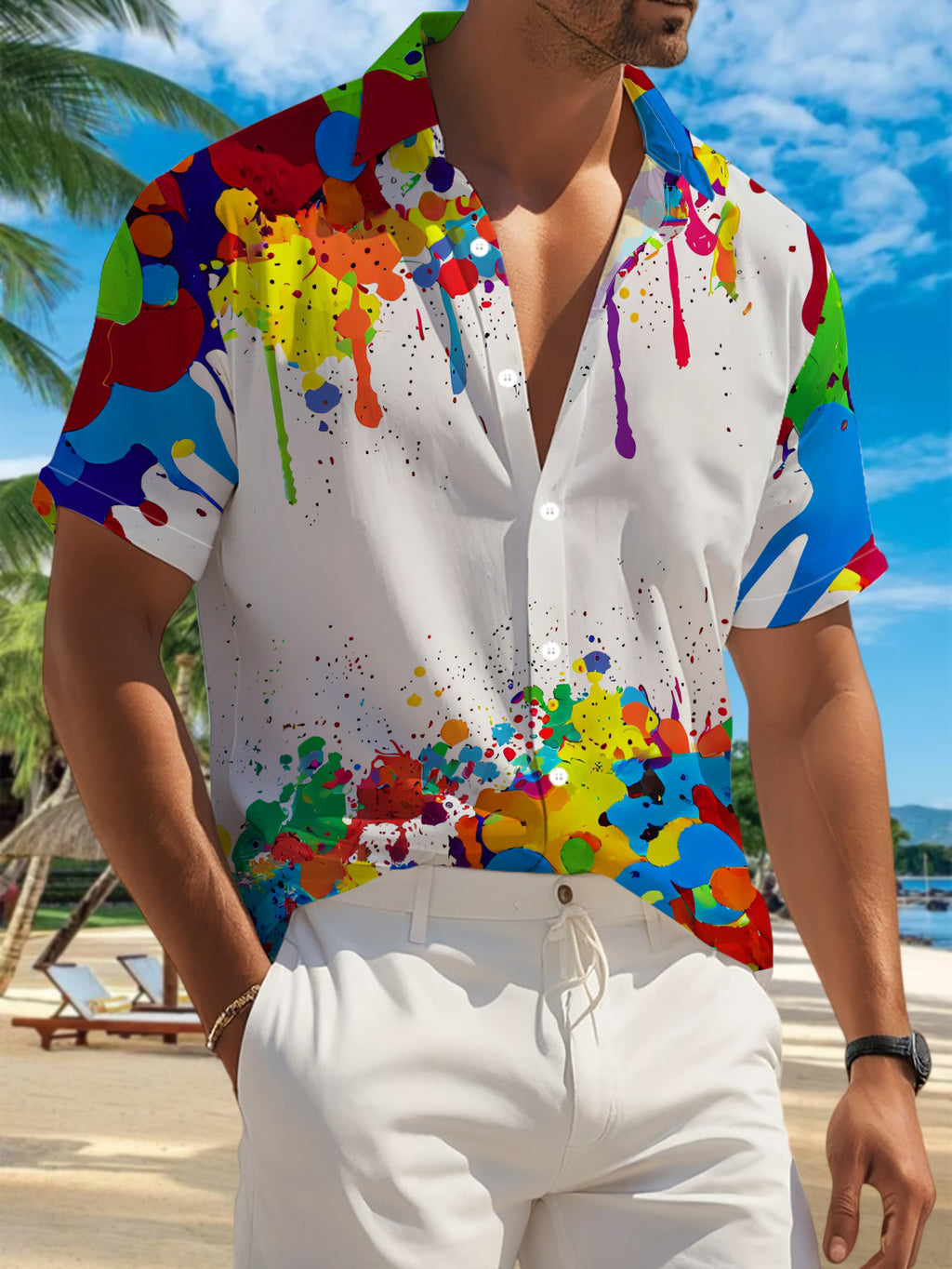 New Men'S Casual Short-Sleeved Shirt, Full of Colorful Ink Splashes, with Blank Space Embedded in Between, Versatile for Holiday Parties And Commuting, Polyester Fiber Fabric, Machine Washable, Button- Print Shirt