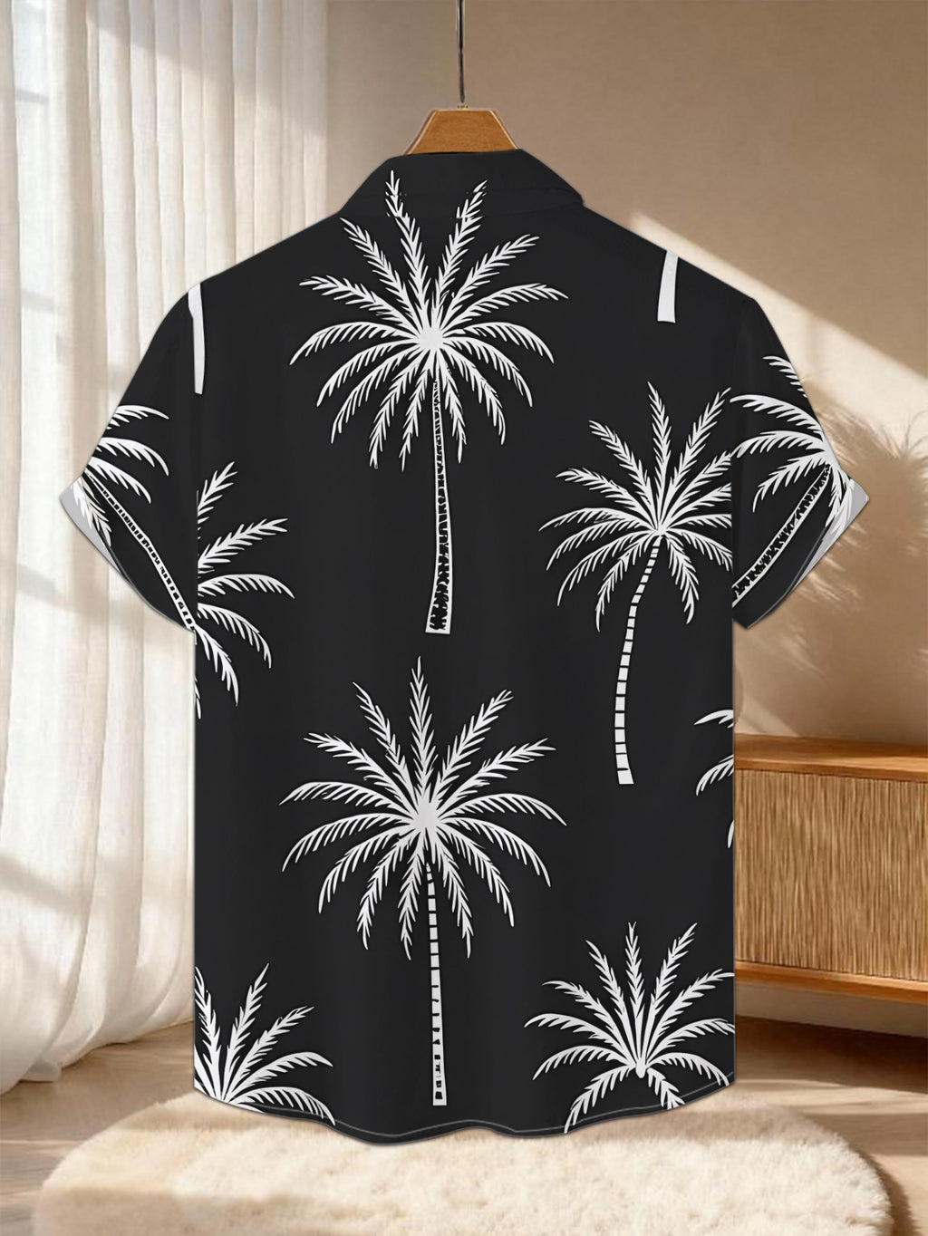 New Men'S Casual Short-Sleeve Shirt with a Black Background And White Palm Tree Prints Arranged in a Repeating Pattern, Suitable for Festive Gatherings, Commuting, And Versatile Casual Wear. Made from Machine-Washable Polyester Fabric